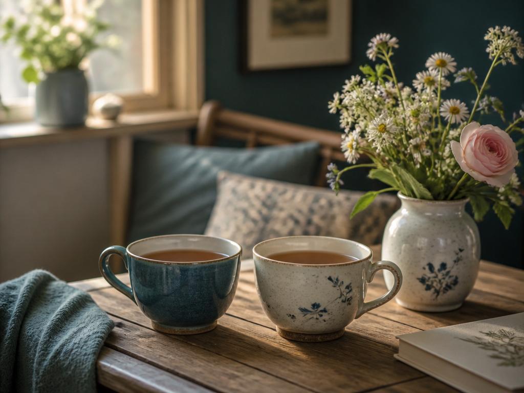 Twee kopjes koffie naast een vaasje met veldbloemen in zacht licht